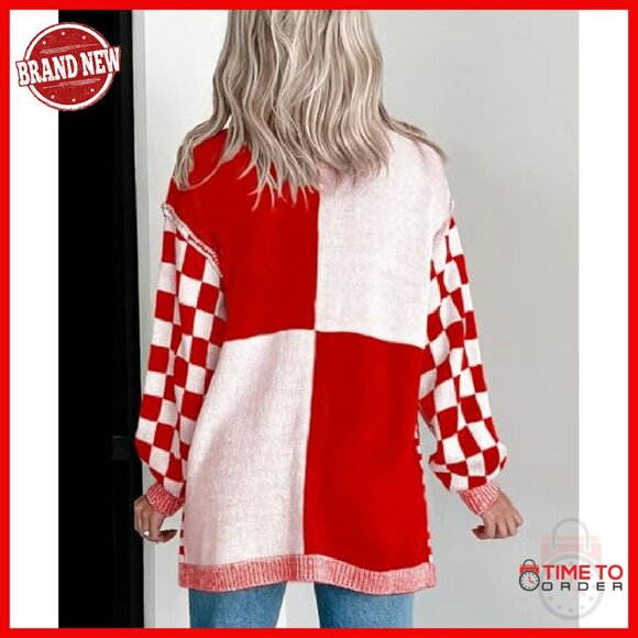 Chunky Knit Cardigan Open Front Plaid Sweater Fall Casual Outwear - Picture 3 of 3